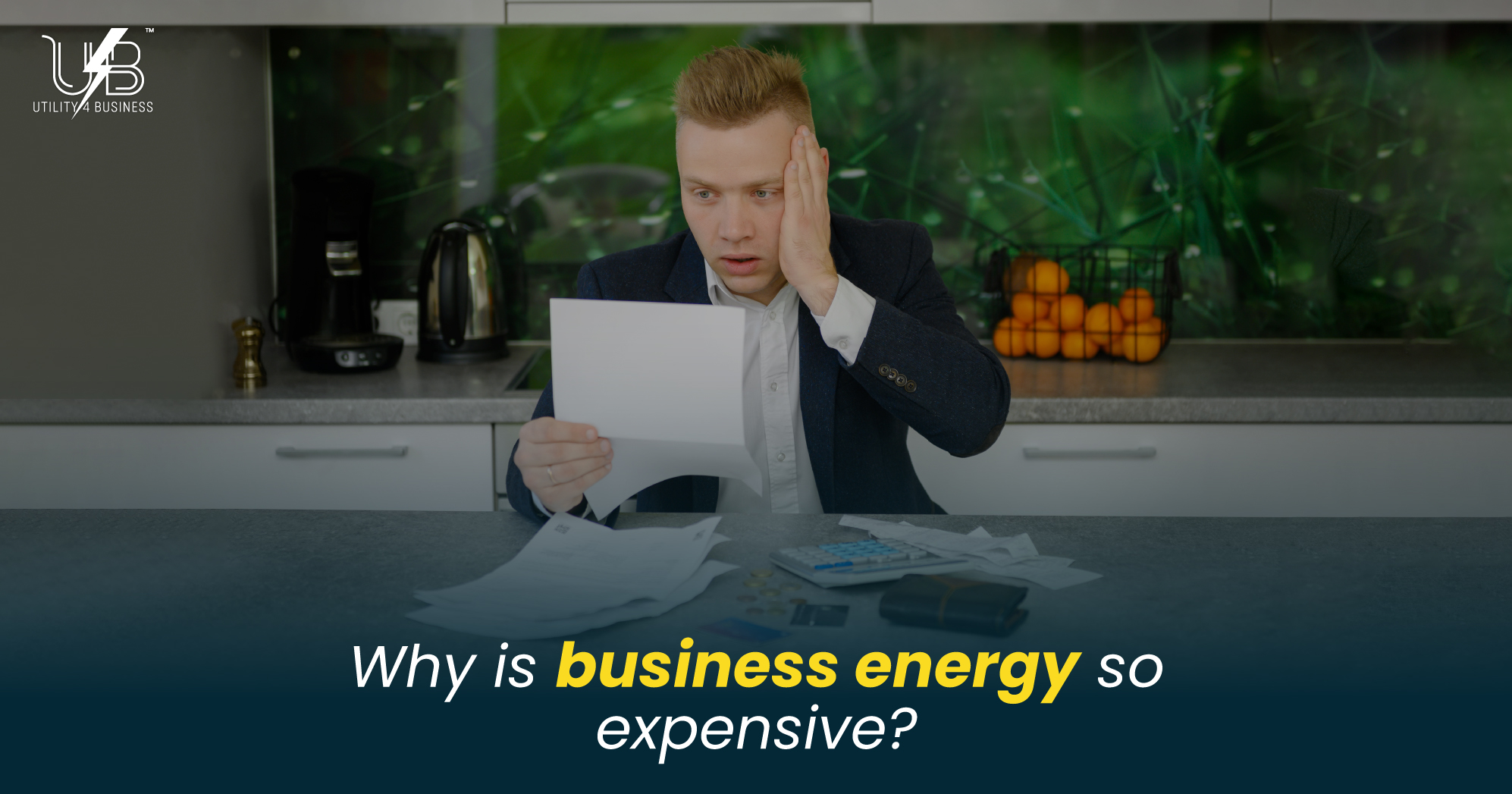 Shocked business owner stares at high energy bill. Learn why business energy is so expensive with Utility4Business.
